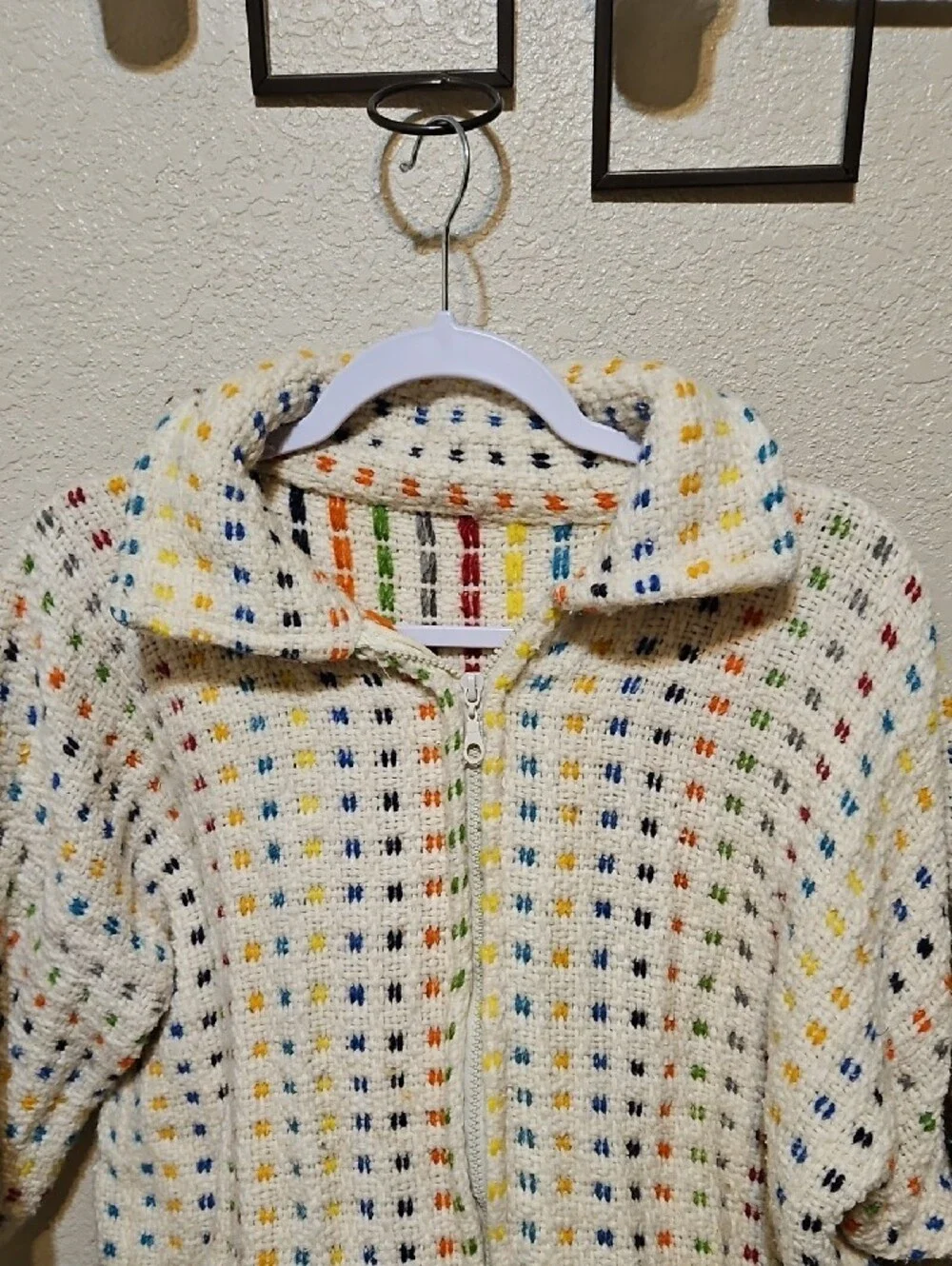 Cream Multicolor Wool Waffle Zip Cardigan Sweater